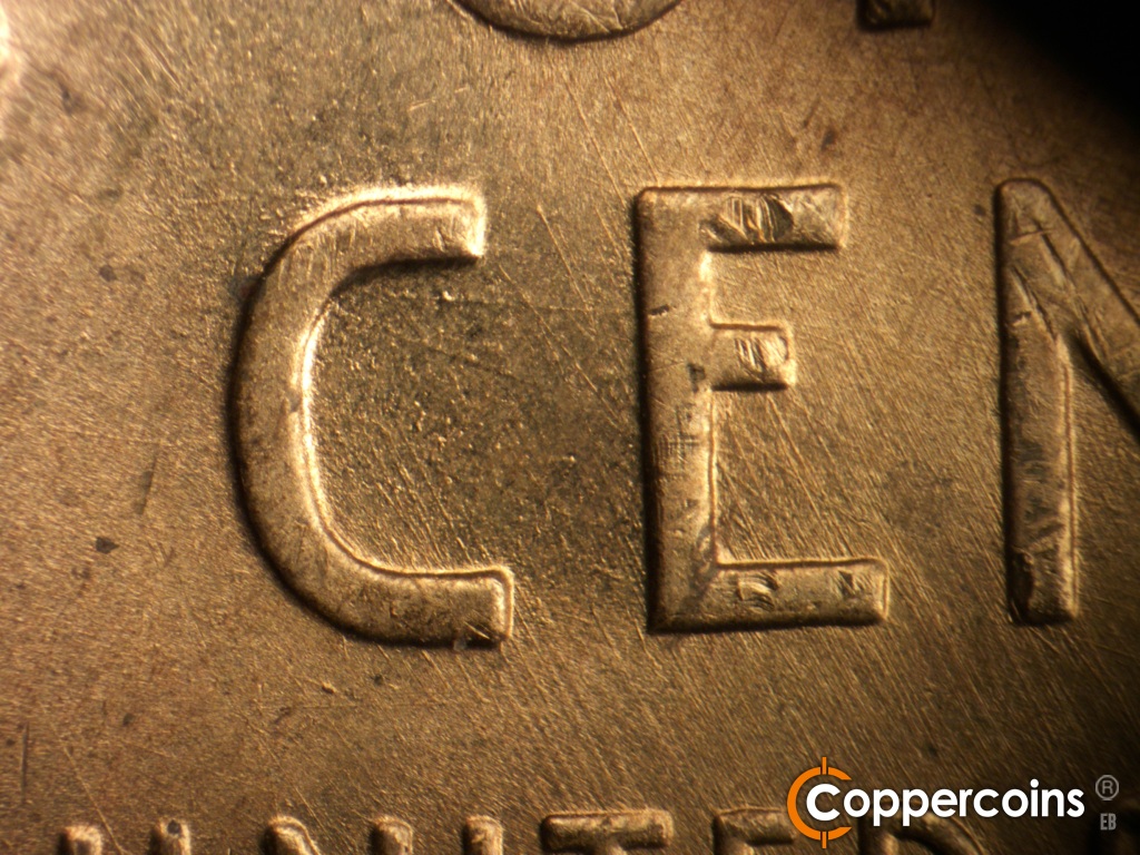Die-stage A marker on 1945D•1MM•005 showing Die scratches from upper inside C of CENT.