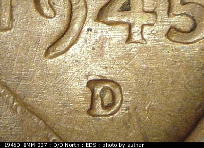 Die-stage A marker on 1945D•1MM•007 (1945 Repunched Mint Mark).