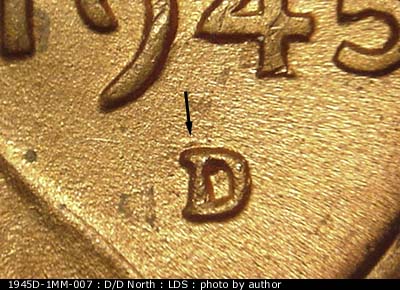 Die-stage C marker on 1945D•1MM•007 (1945 Repunched Mint Mark).