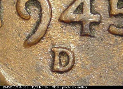 1945 Lincoln cent obverse, CopperCoins die 1945D•1MM•008.