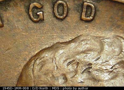 Die-stage B marker on 1945D•1MM•008 (1945 Repunched Mint Mark).