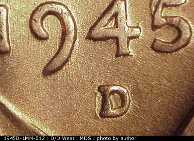 1945 Lincoln cent obverse, CopperCoins die 1945D•1MM•012.