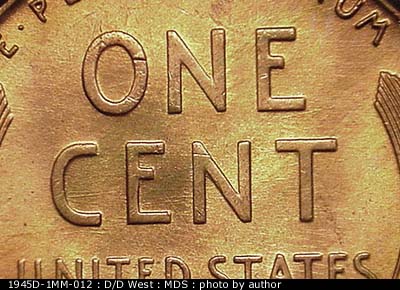Die-stage B marker on 1945D•1MM•012 (1945 Repunched Mint Mark).