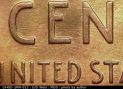 Die-stage B marker on 1945D•1MM•012 (1945 Repunched Mint Mark).