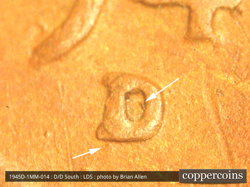 Die-stage C marker on 1945D•1MM•014 (1945 Repunched Mint Mark).