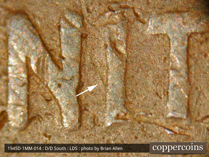 Die-stage C marker on 1945D•1MM•014 (1945 Repunched Mint Mark).