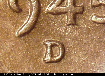 Die-stage A marker on 1945D•1MM•015 (1945 Repunched Mint Mark).