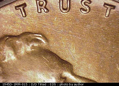 Die-stage A marker on 1945D•1MM•015 (1945 Repunched Mint Mark).