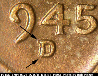 1945 Lincoln cent obverse, CopperCoins die 1945D•1MM•017.