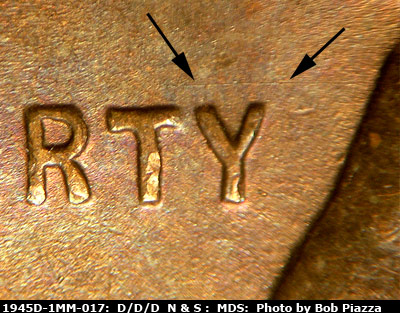 Die-stage B marker on 1945D•1MM•017 (1945 Repunched Mint Mark).