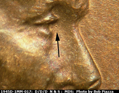 Die-stage B marker on 1945D•1MM•017 (1945 Repunched Mint Mark).