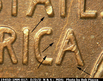 Die-stage B marker on 1945D•1MM•017 (1945 Repunched Mint Mark).