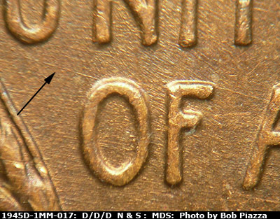 Die-stage B marker on 1945D•1MM•017 (1945 Repunched Mint Mark).