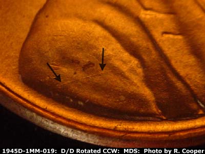 Die-stage B marker on 1945D•1MM•019 (1945 Repunched Mint Mark).
