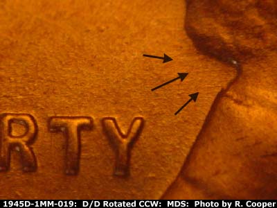 Die-stage B marker on 1945D•1MM•019 (1945 Repunched Mint Mark).