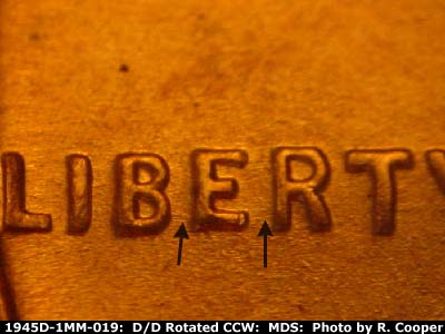 Die-stage B marker on 1945D•1MM•019 (1945 Repunched Mint Mark).