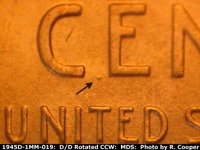 Die-stage B marker on 1945D•1MM•019 (1945 Repunched Mint Mark).
