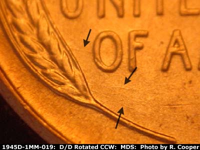 Die-stage B marker on 1945D•1MM•019 (1945 Repunched Mint Mark).
