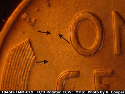 Die-stage B marker on 1945D•1MM•019 (1945 Repunched Mint Mark).