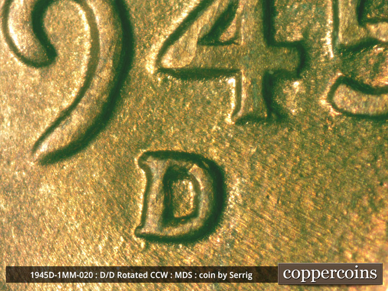 1945 Lincoln cent obverse, CopperCoins die 1945D•1MM•020.