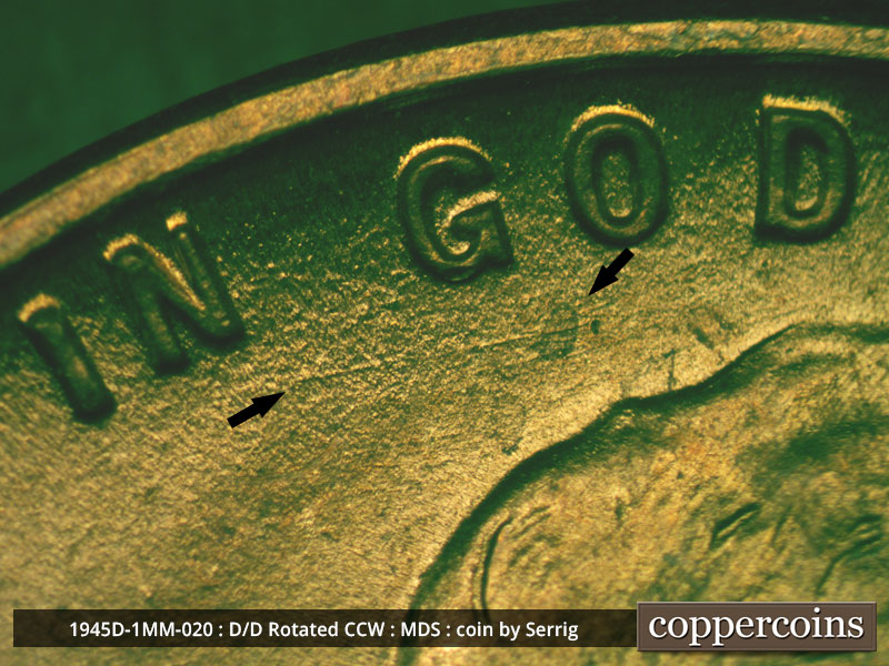 Die-stage B marker on 1945D•1MM•020 (1945 Repunched Mint Mark).