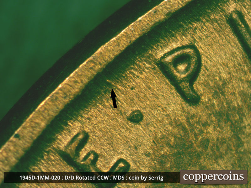 Die-stage B marker on 1945D•1MM•020 (1945 Repunched Mint Mark).