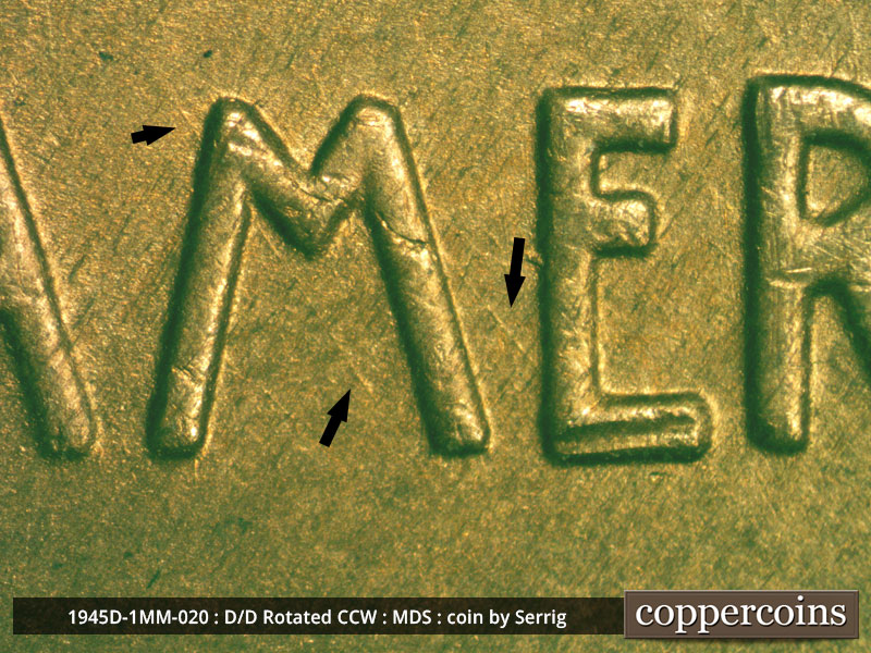 Die-stage B marker on 1945D•1MM•020 (1945 Repunched Mint Mark).