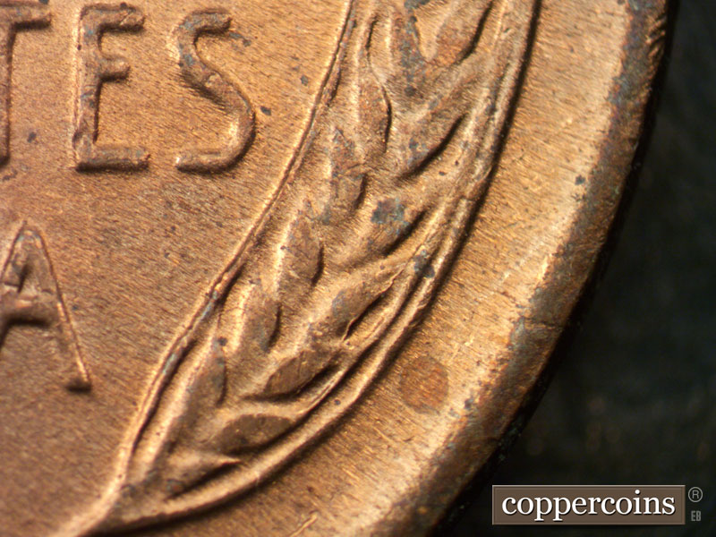 Die-stage B marker on 1945P•1DO•001 (1945 Doubled Die Obverse).