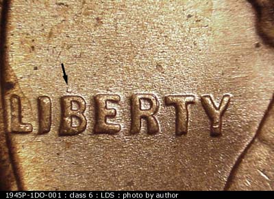 Die-stage C marker on 1945P•1DO•001 (1945 Doubled Die Obverse).