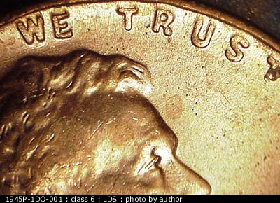 Die-stage C marker on 1945P•1DO•001 (1945 Doubled Die Obverse).