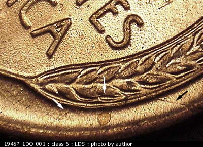 Die-stage C marker on 1945P•1DO•001 (1945 Doubled Die Obverse).