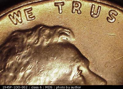Die-stage B marker on 1945P•1DO•002 (1945 Doubled Die Obverse).