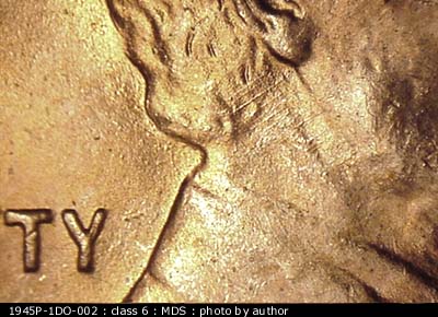 Die-stage B marker on 1945P•1DO•002 (1945 Doubled Die Obverse).
