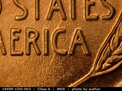 Die-stage B marker on 1945P•1DO•003 (1945 Doubled Die Obverse).