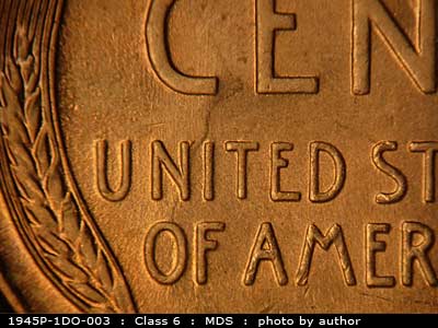 Die-stage B marker on 1945P•1DO•003 (1945 Doubled Die Obverse).