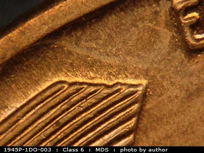 Die-stage B marker on 1945P•1DO•003 (1945 Doubled Die Obverse).