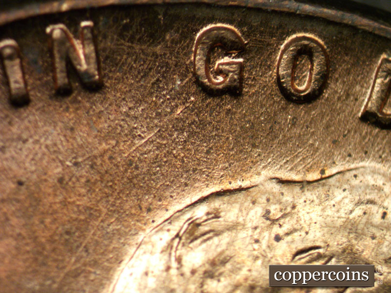 Die-stage B marker on 1945P•1DO•005 (1945 Doubled Die Obverse).