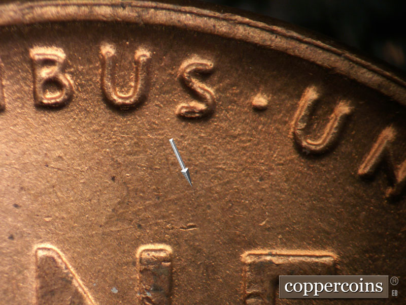 Die-stage B marker on 1945P•1DO•006 (1945 Doubled Die Obverse).
