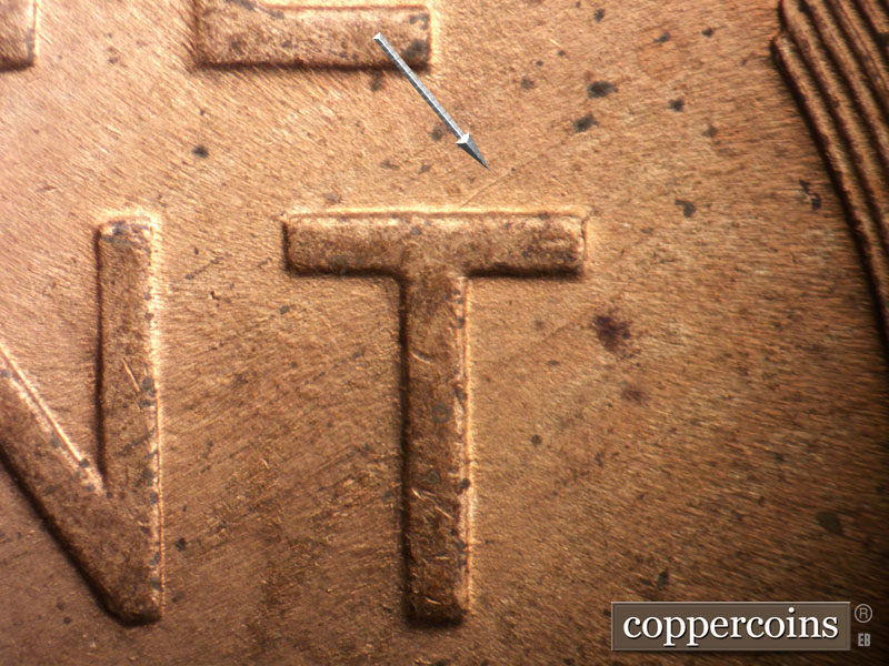 Die-stage B marker on 1945P•1DO•006 (1945 Doubled Die Obverse).