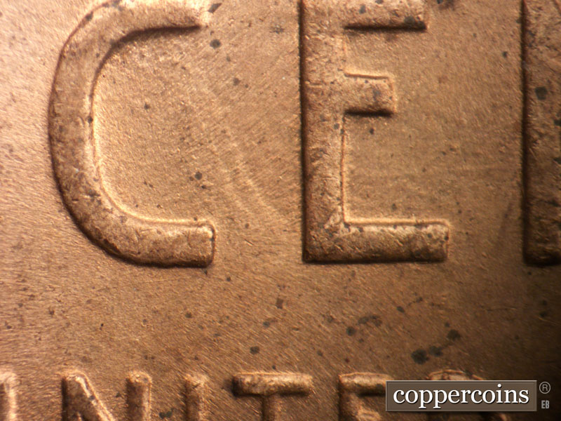 Die-stage B marker on 1945P•1DO•006 (1945 Doubled Die Obverse).