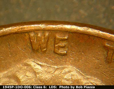 Die-stage B marker on 1945P•1DO•006 (1945 Doubled Die Obverse).