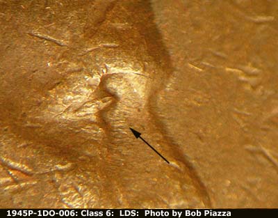 Die-stage B marker on 1945P•1DO•006 (1945 Doubled Die Obverse).