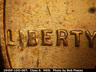 Die-stage B marker on 1945P•1DO•007 (1945 Doubled Die Obverse).