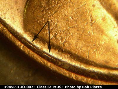 Die-stage B marker on 1945P•1DO•007 (1945 Doubled Die Obverse).