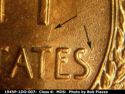 Die-stage B marker on 1945P•1DO•007 (1945 Doubled Die Obverse).