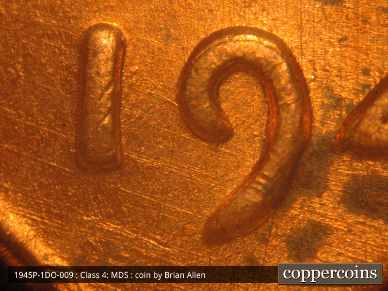1945 Lincoln cent obverse, CopperCoins die 1945P•1DO•009.