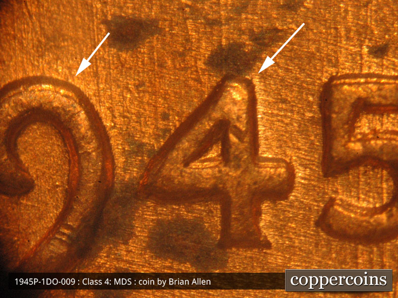 Die-stage B marker on 1945P•1DO•009 (1945 Doubled Die Obverse).