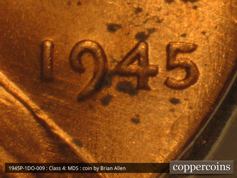 Die-stage B marker on 1945P•1DO•009 (1945 Doubled Die Obverse).