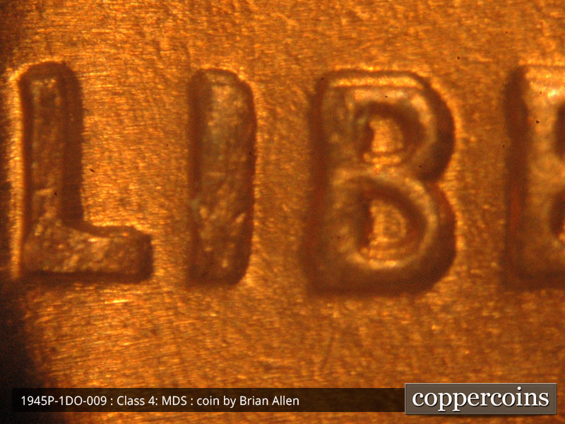 Die-stage B marker on 1945P•1DO•009 (1945 Doubled Die Obverse).