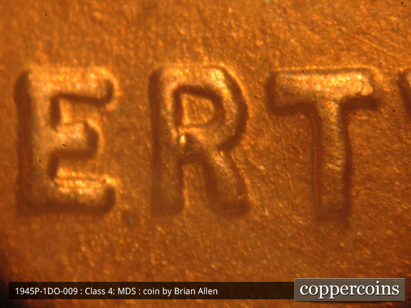 Die-stage B marker on 1945P•1DO•009 (1945 Doubled Die Obverse).